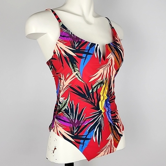 One Piece Bathing Suit Strappy Back Red Multi Tropical Floral Print Size  S/M - Picture 2 of 15